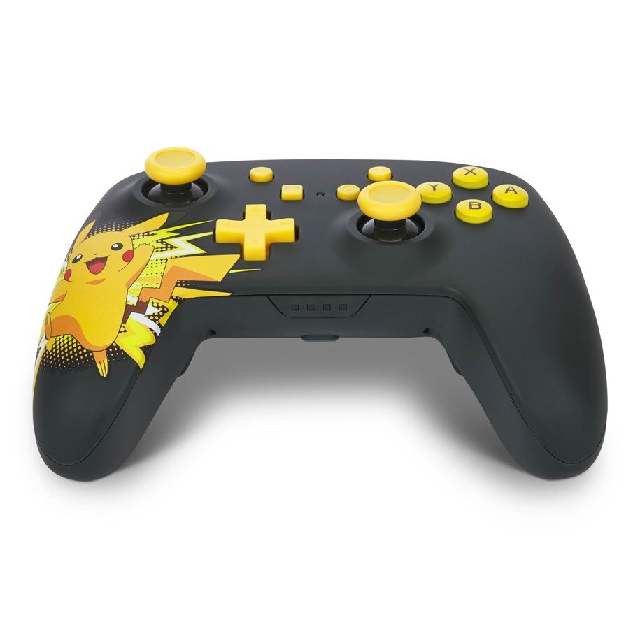 Czarny kontroler Nintendo Switch z żółtymi przyciskami. Po boku znajduje się wzór Pikachu.