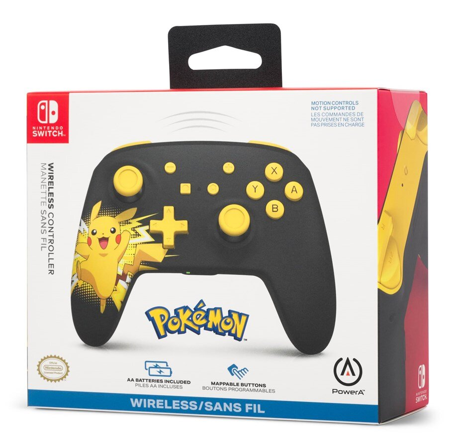 Czarny i żółty kontroler Nintendo Switch z Pikachu po lewej stronie. Przyciski są żółte.