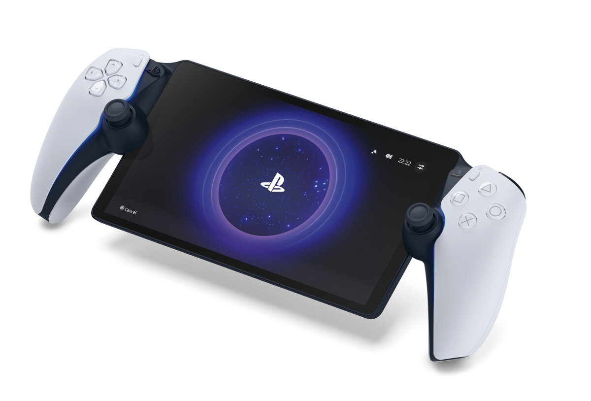 Ekran tabletu z dołączonymi kontrolerami, białe tło.