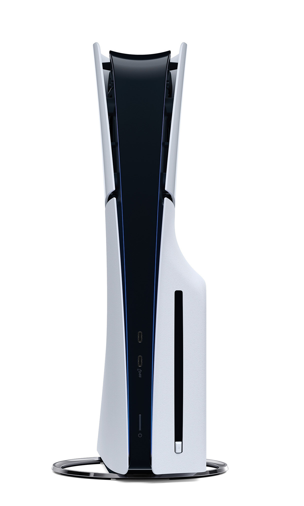 Pionowa, biało-czarna konsola PlayStation 5 w izolacji.