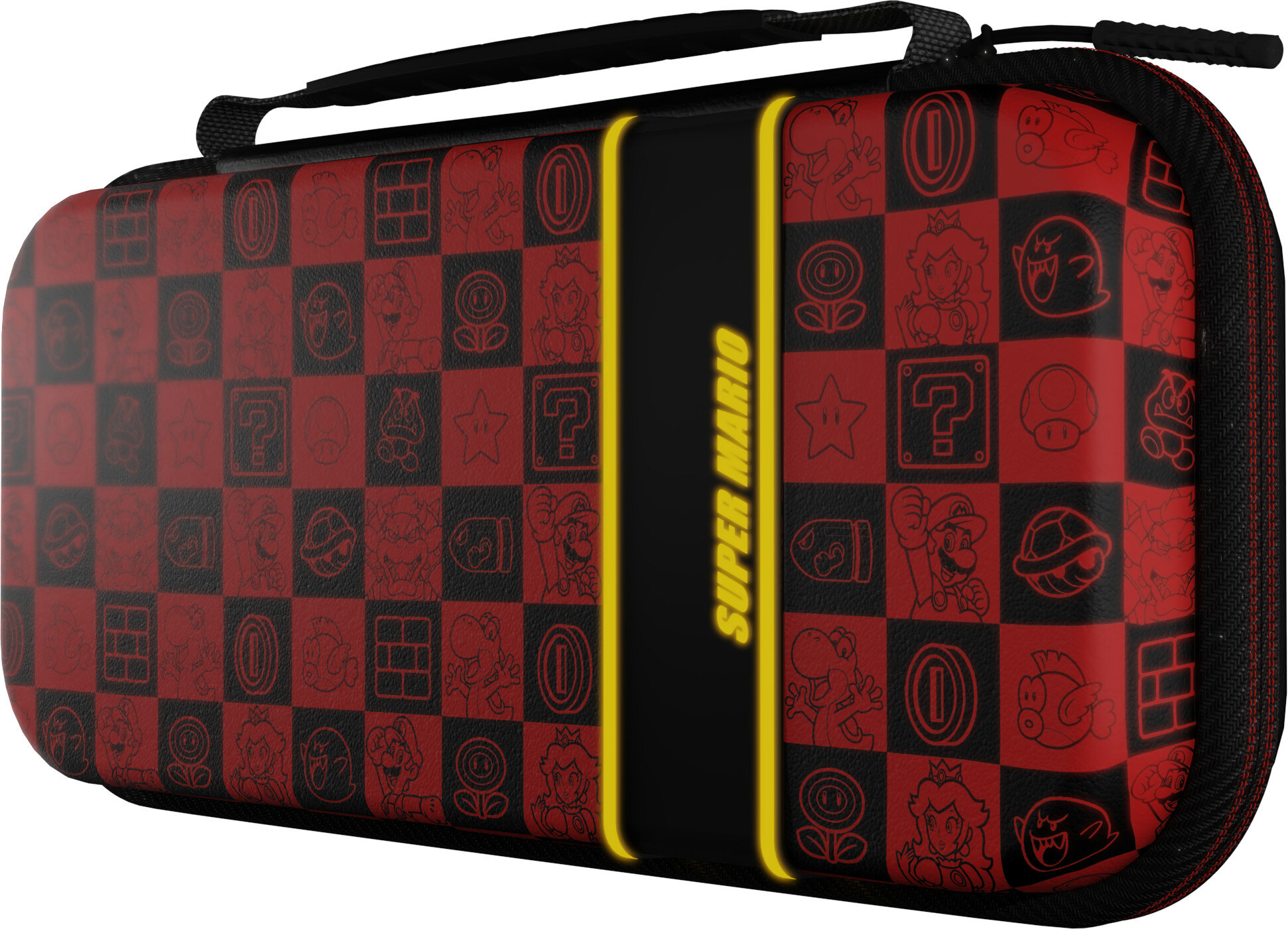 Czerwono-czarne etui Nintendo Switch z postaciami i logo Super Mario.