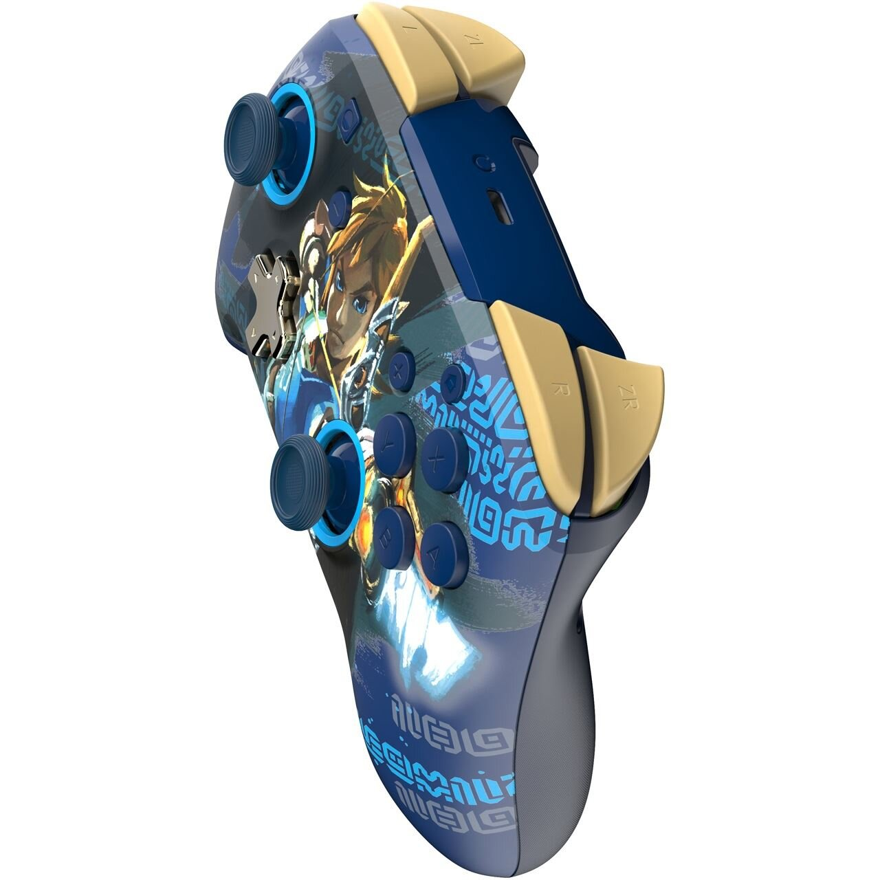 Niebiesko-złoty kontroler do gier wideo z wizerunkiem postaci. Widoczne przyciski i joysticki. Stylowy design.