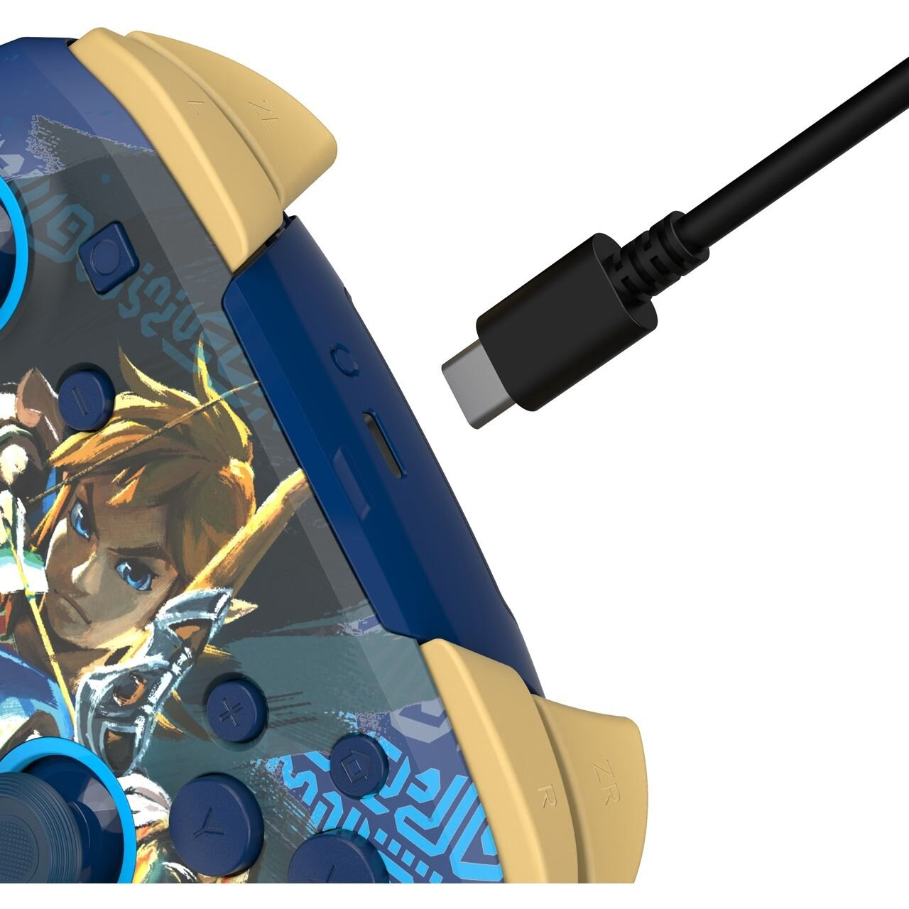 Niebiesko-złoty kontroler do gier wideo z podłączonym kablem USB-C.