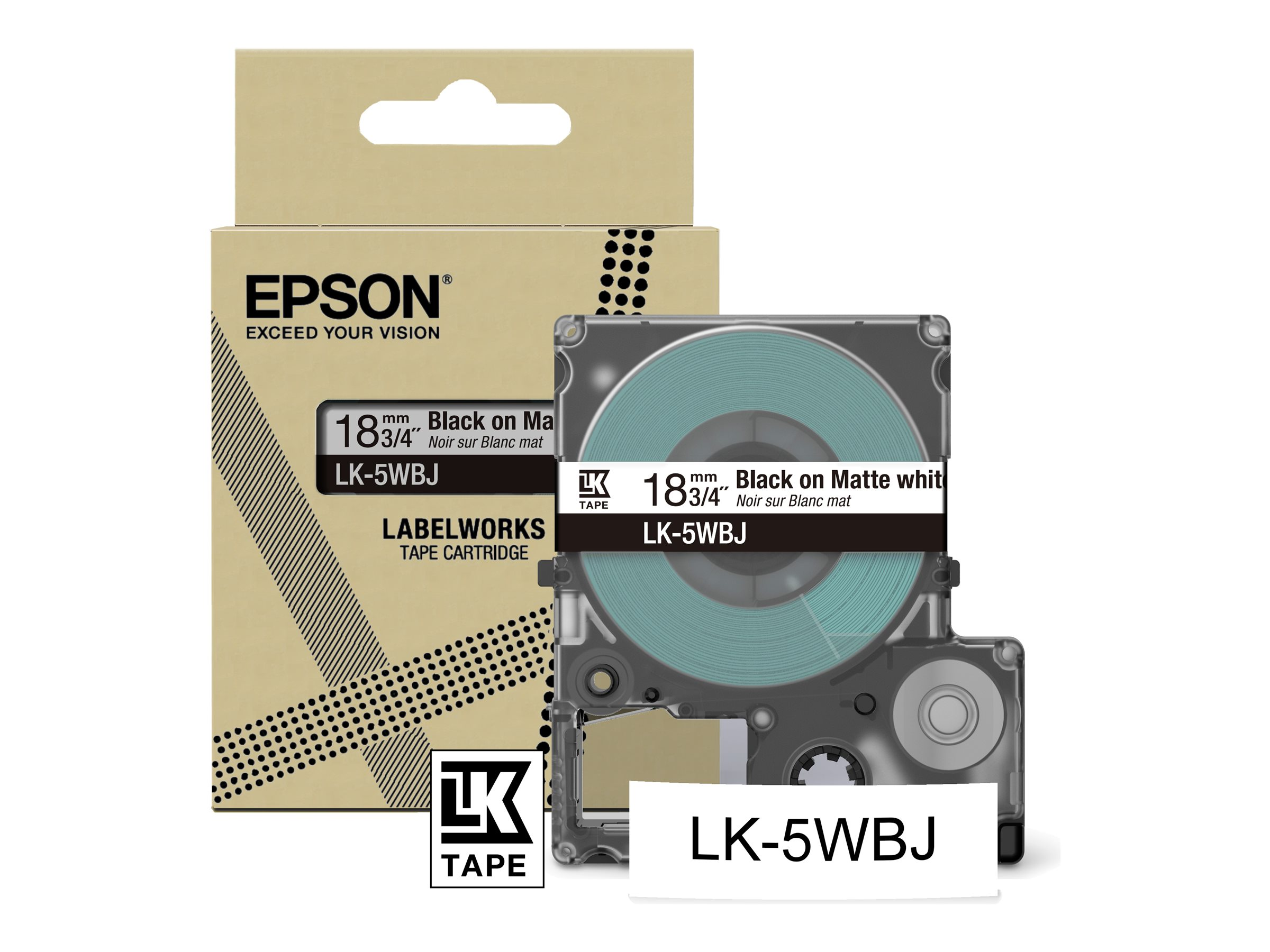 Epson Etikettentape-Patronen. Ein Karton und eine offene Patrone. Weiße Etiketten, schwarzer Text, grünes Band.
