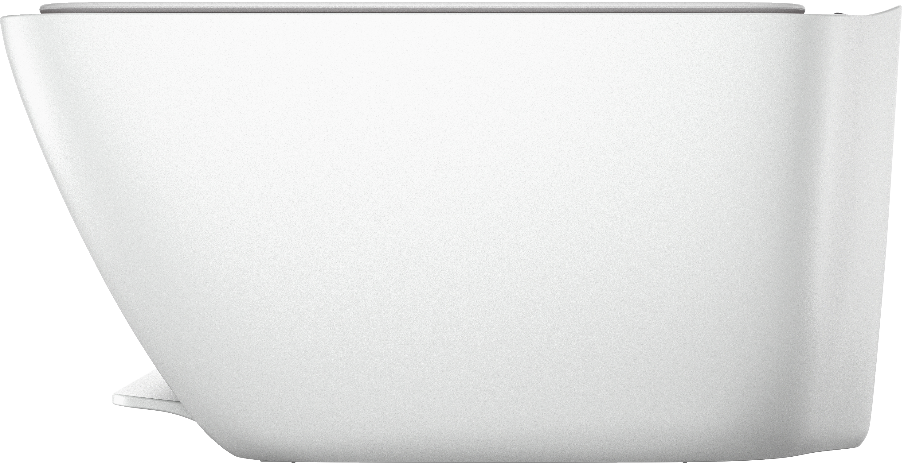 Ein weißer Drucker, von der Seite gesehen, mit einem schlanken Design und einem Papierausgabefach.