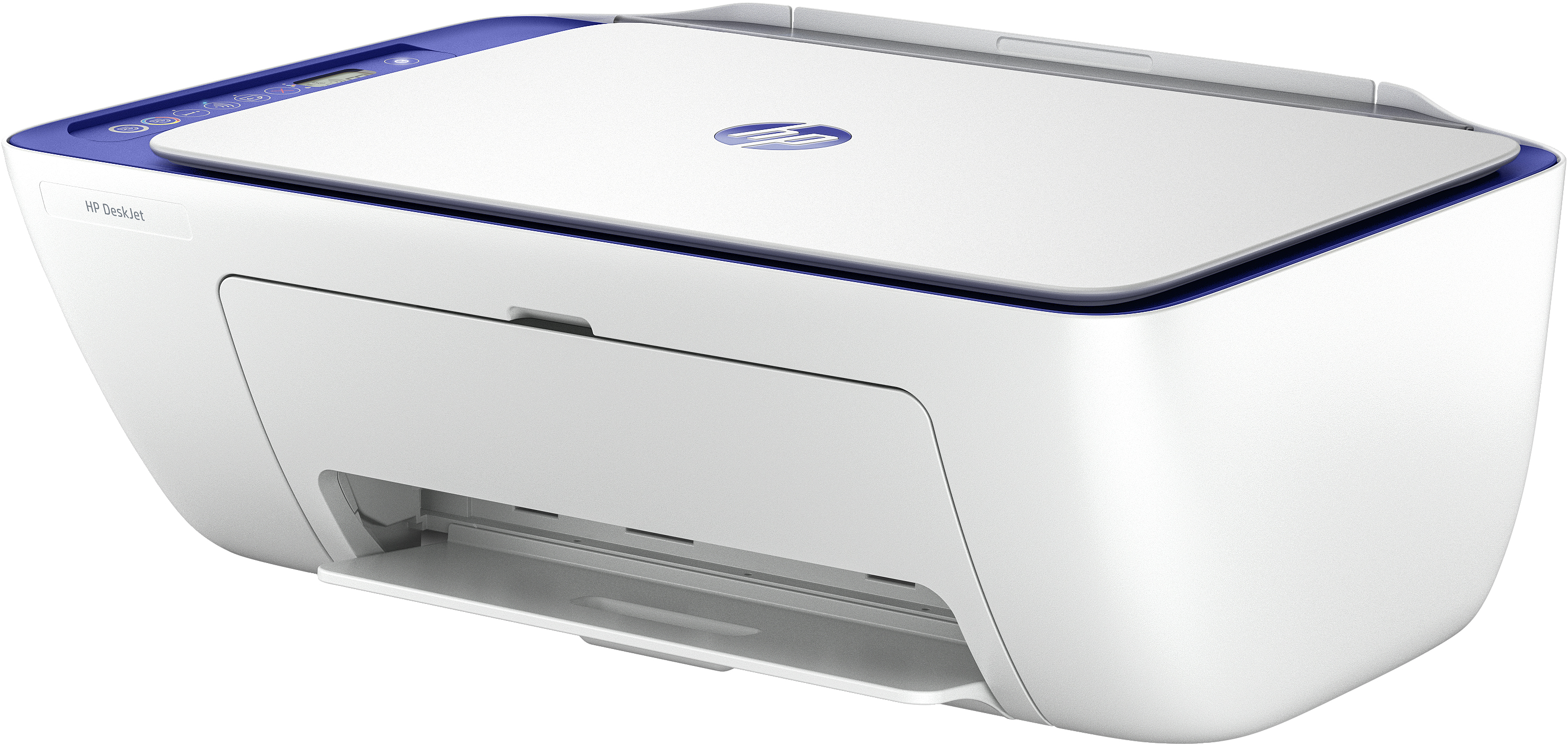 Ein weißer und blauer HP-Drucker.