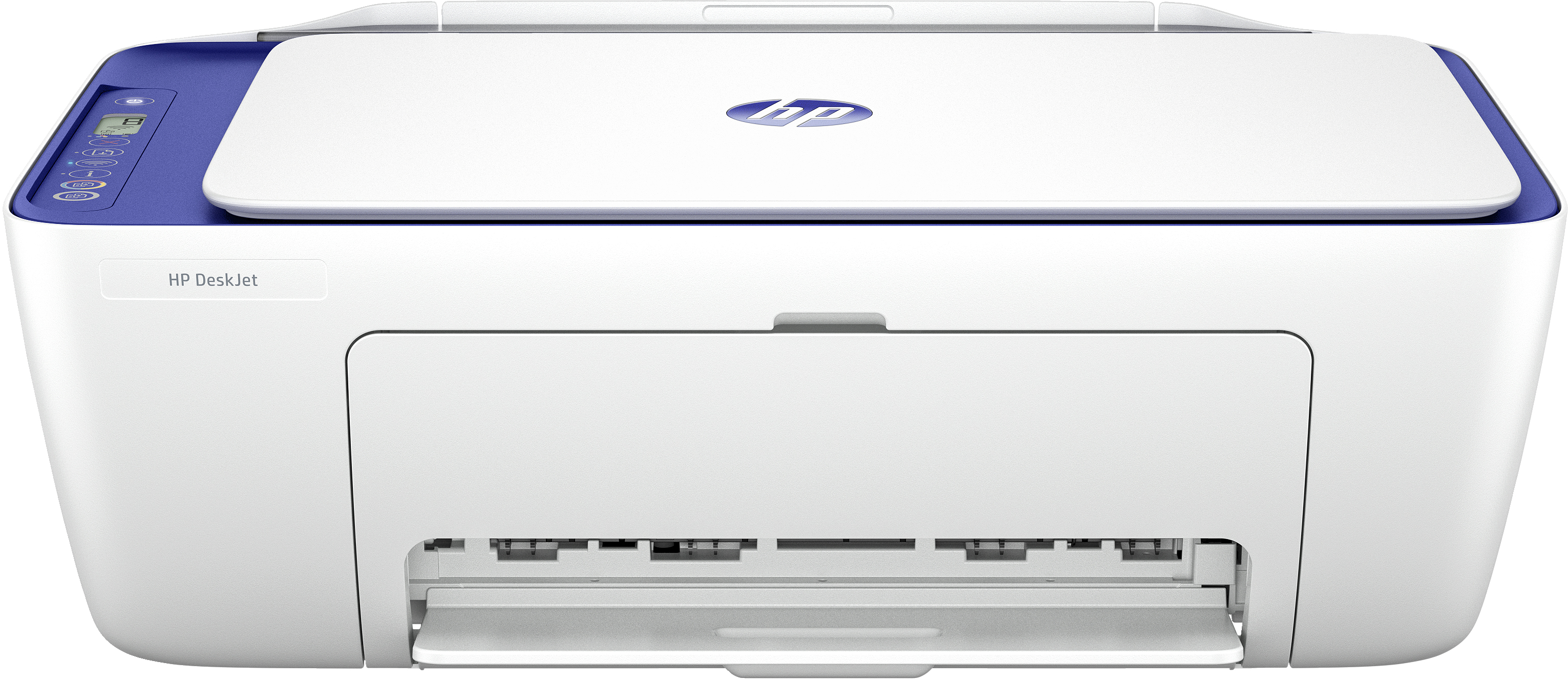 Ein weißer und blauer HP DeskJet Drucker, mit weißem Hintergrund.