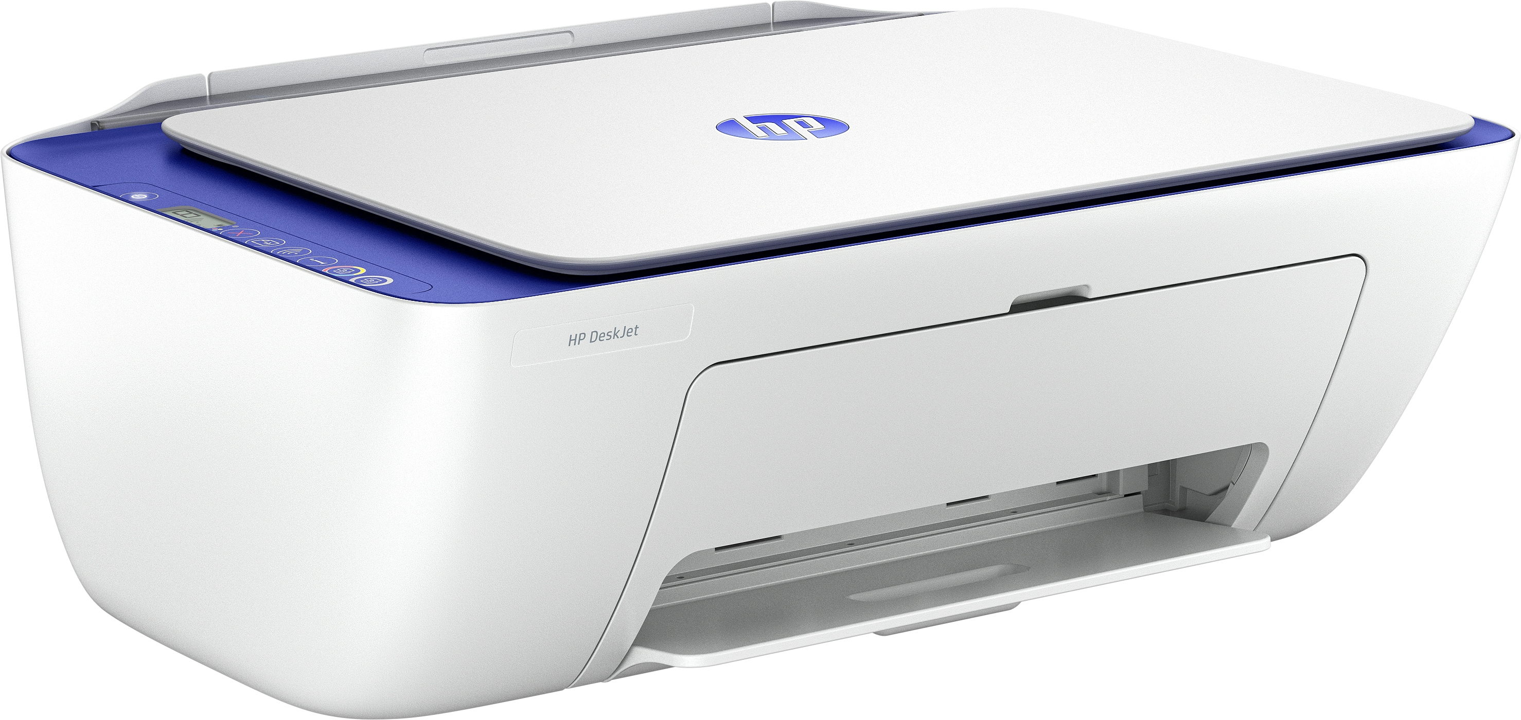 Weißer und blauer HP DeskJet Drucker. Oben offen, Fach sichtbar. Weißer Hintergrund.