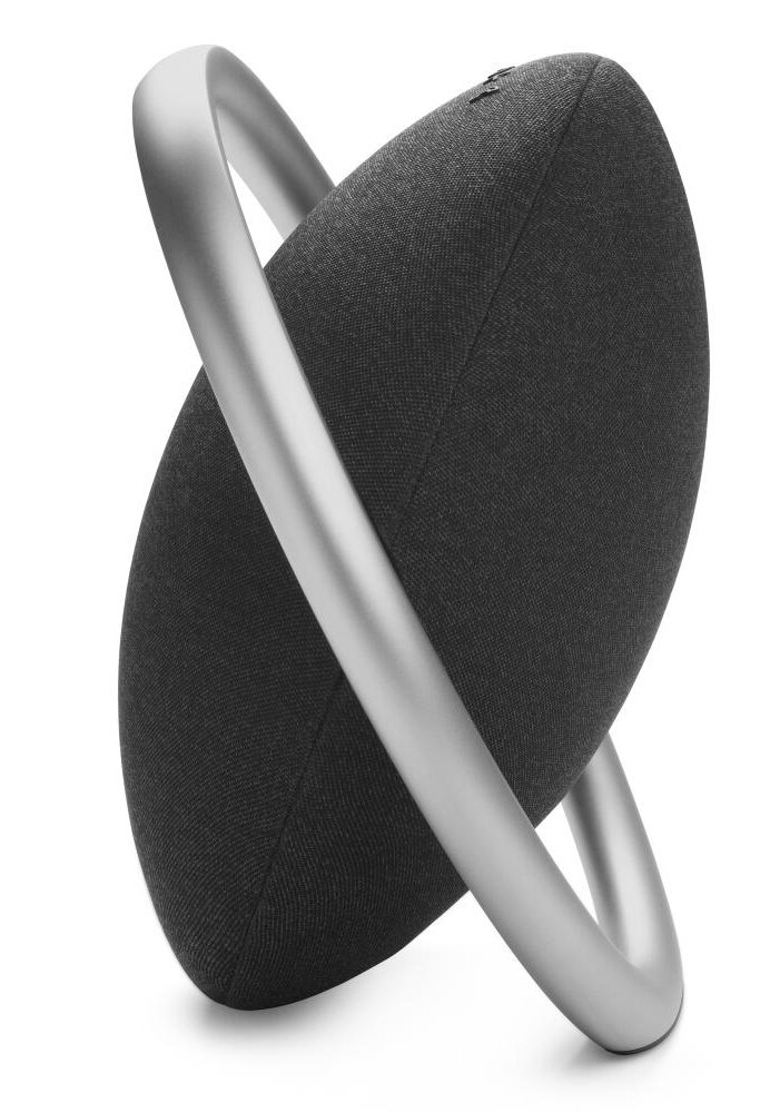 Ciemnoszary głośnik ze srebrnym pierścieniem wokół niego, zorientowany po przekątnej.