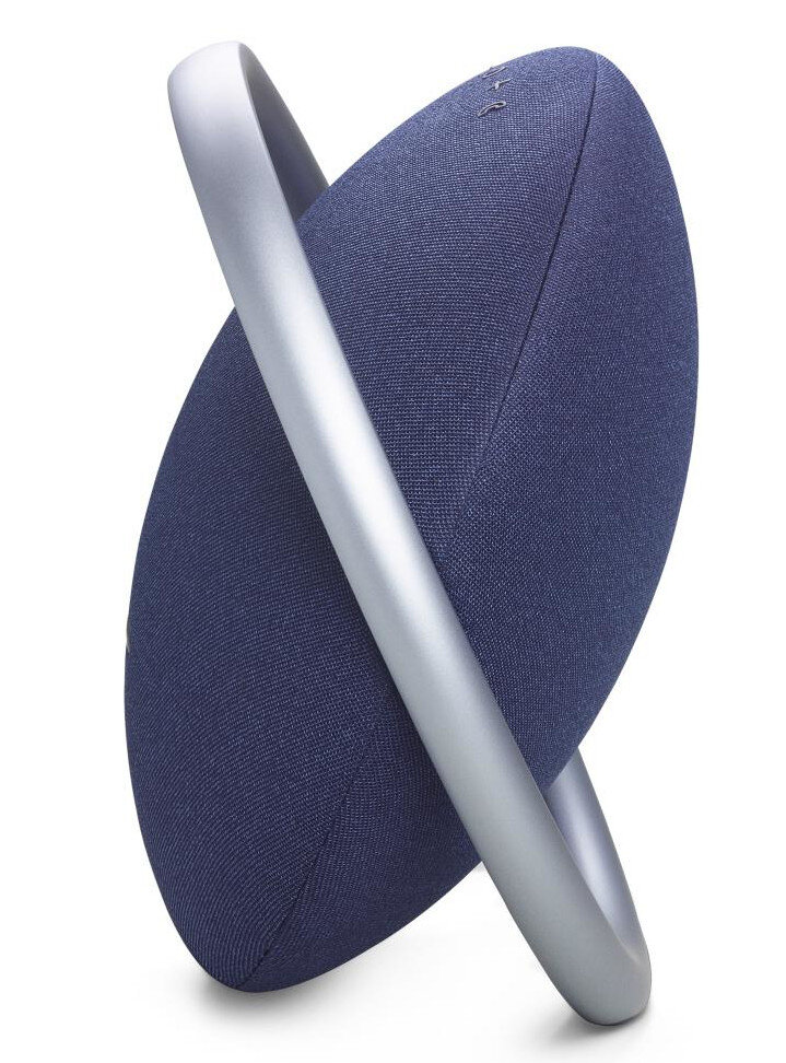 Niebiesko-srebrny głośnik o owalnym kształcie i srebrnym pierścieniu wokół niego.