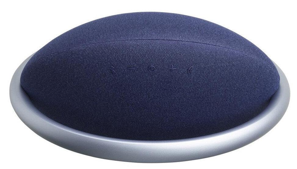 Niebieski głośnik w kształcie owalu ze srebrną podstawą, na białym tle.