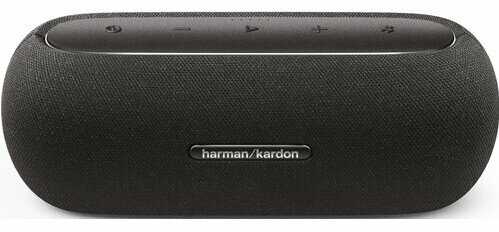 Czarny głośnik w owalnym kształcie z logo 'harman/kardon' z przodu. Minimalistyczny design.