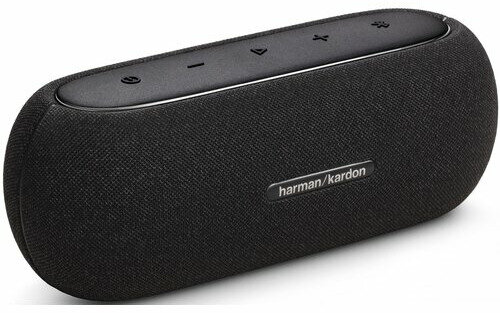 Czarny, owalny głośnik z przyciskami na górze i logo 'harman/kardon' z boku.