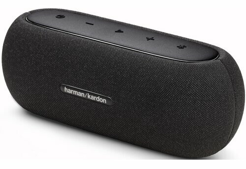 Czarny głośnik, logo harman/kardon, z przyciskami na górze, jasne tło.