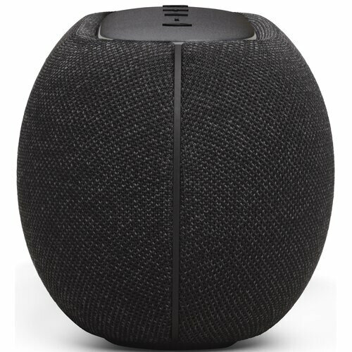 Czarny, kulisty głośnik z fakturą tkaniny i pionową czarną linią.