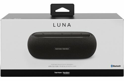 Czarny głośnik z napisem „LUNA” z przodu, umieszczony w białym pudełku.