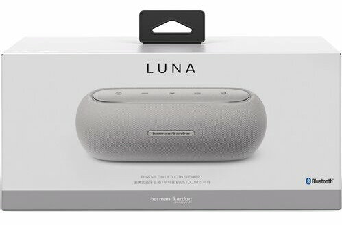Białe pudełko ze słowem LUNA, głośnikiem i logo Harman Kardon.