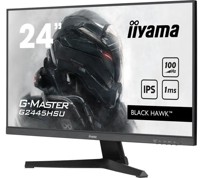 Monitor 24" z czarną ramką, specyfikacją gamingową i wizerunkiem wojownika na ekranie.