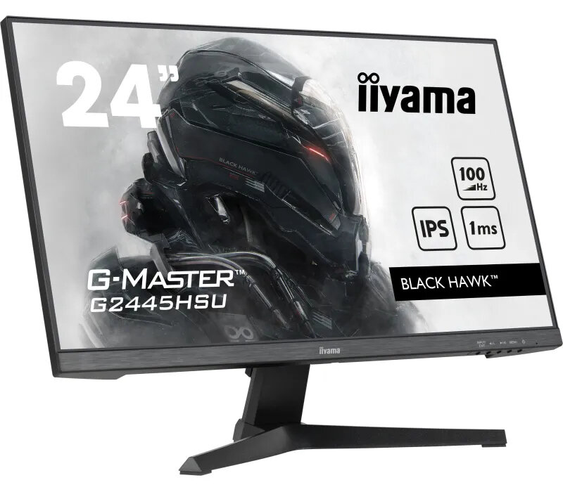 Monitor do gier z czarną postacią na ekranie, z tekstem i marką.