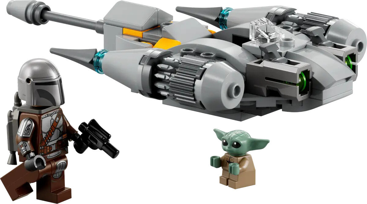 Zestaw Lego z Mandalorianinem, Grogu i szarym statkiem z żółtymi akcentami.