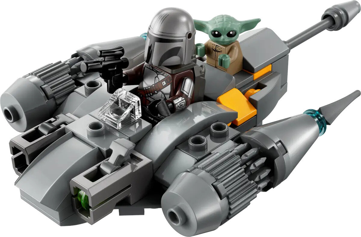 Zestaw Lego Star Wars: figurka Mandaloriana i Baby Yody w szarej ścigaczce.