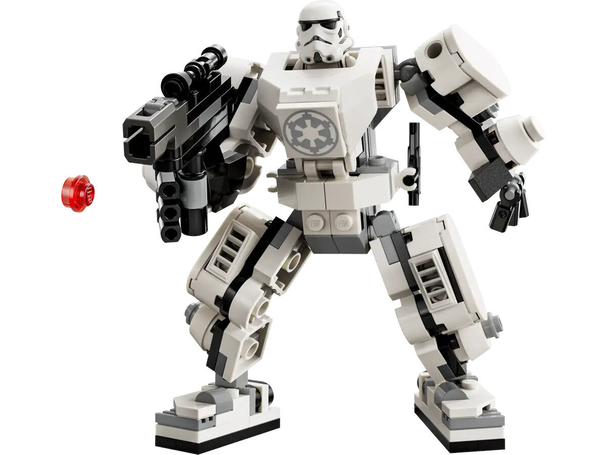 Biała figurka LEGO Star Wars mech. Ma głowę szturmowca i broń blasterową. Czerwony element unosi się.