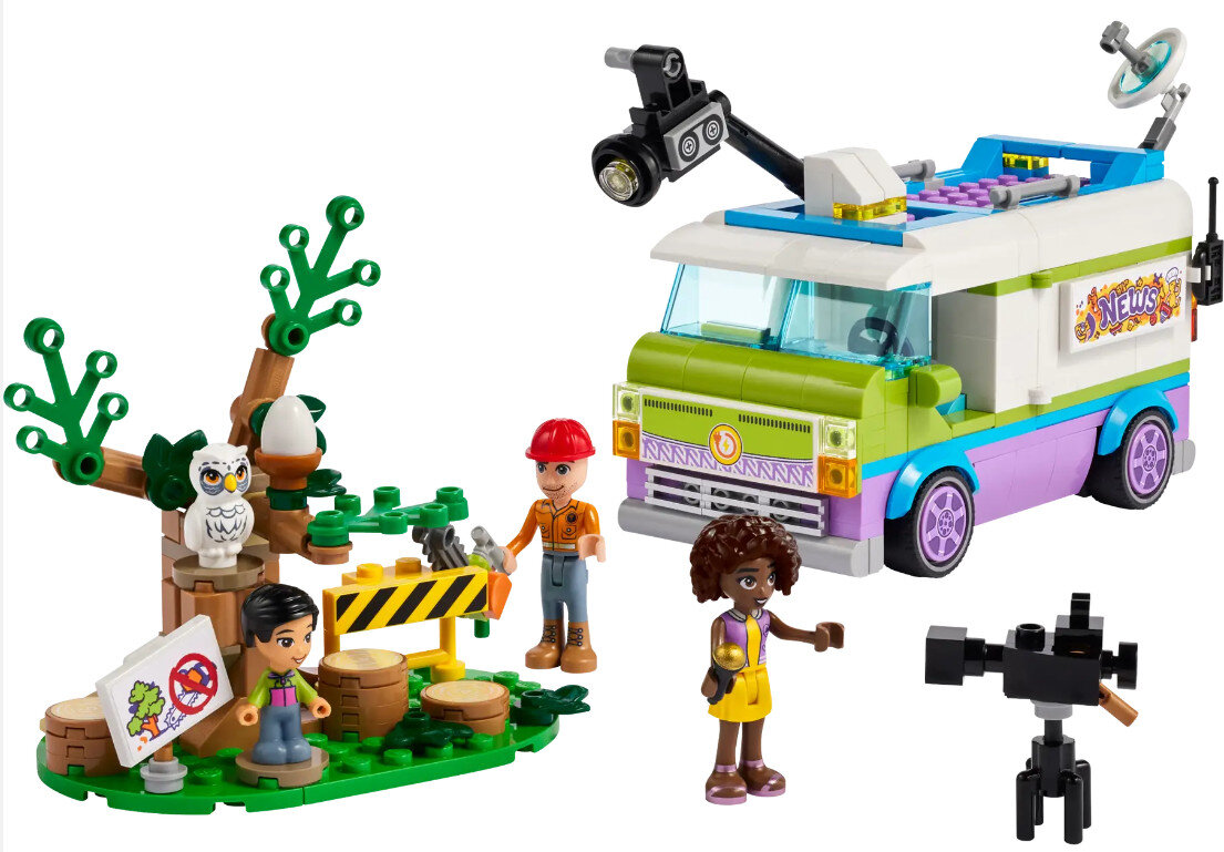 Zestaw LEGO Friends z wozem transmisyjnym, figurkami i drzewem z sową.