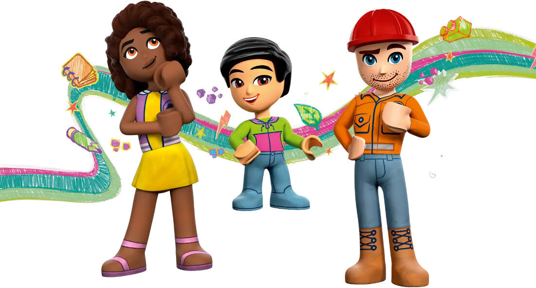 Trzy figurki Lego Friends stoją z liniami za nimi. Dziewczyna, chłopiec i mężczyzna w kasku.