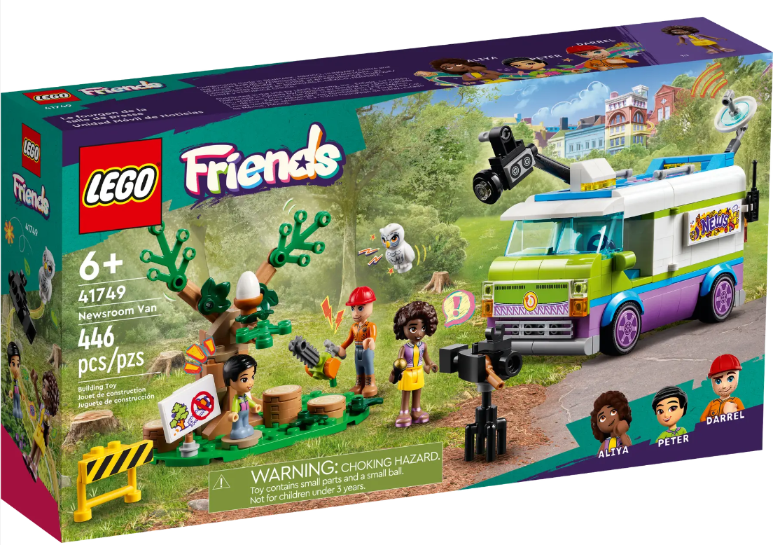 Zestaw Lego Friends: Newsroom Van. Zawiera furgonetkę, figurki i akcesoria. Zielone, fioletowe i białe pudełko.