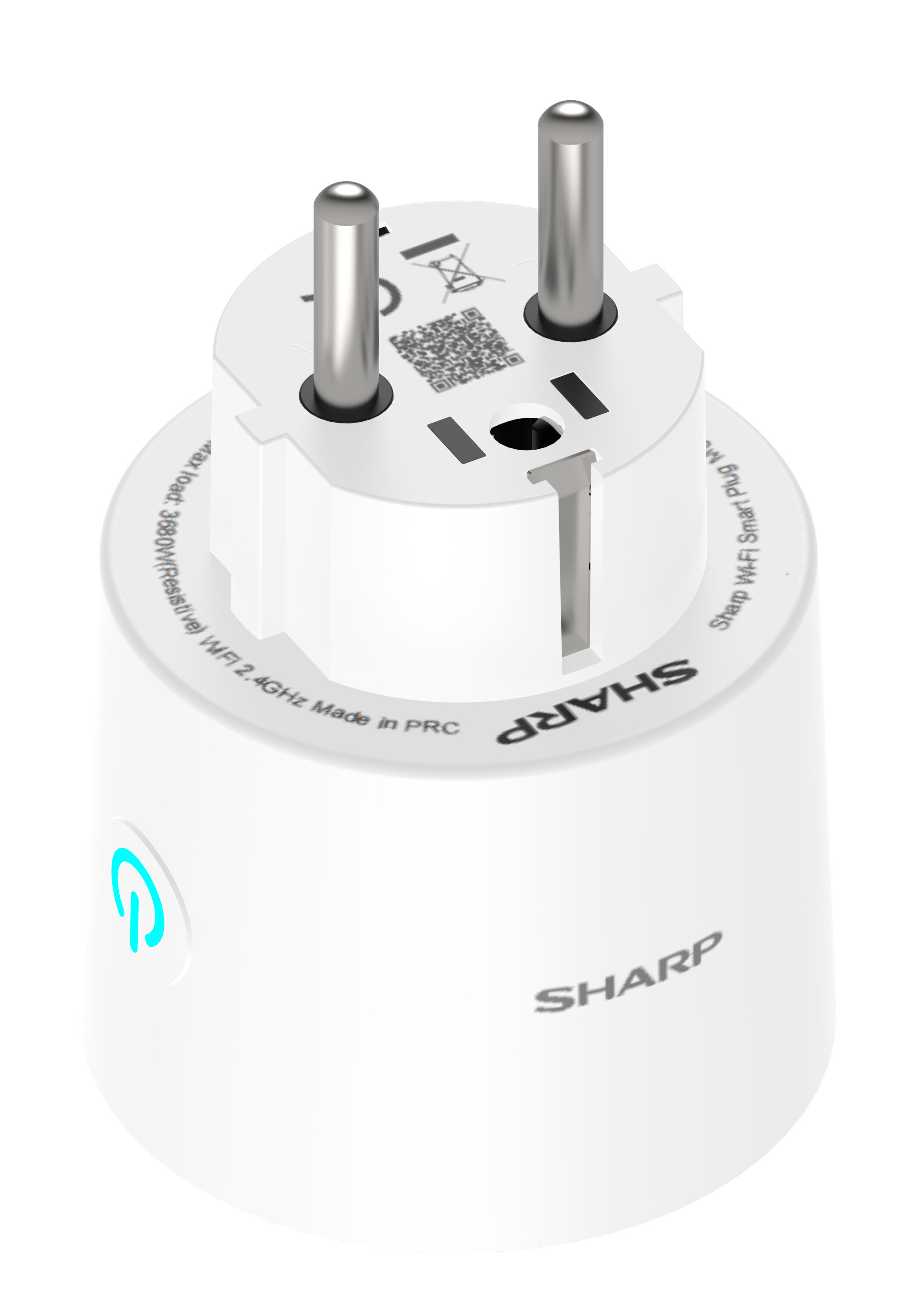 Biała inteligentna wtyczka z logo Sharp i niebieskim wskaźnikiem zasilania.