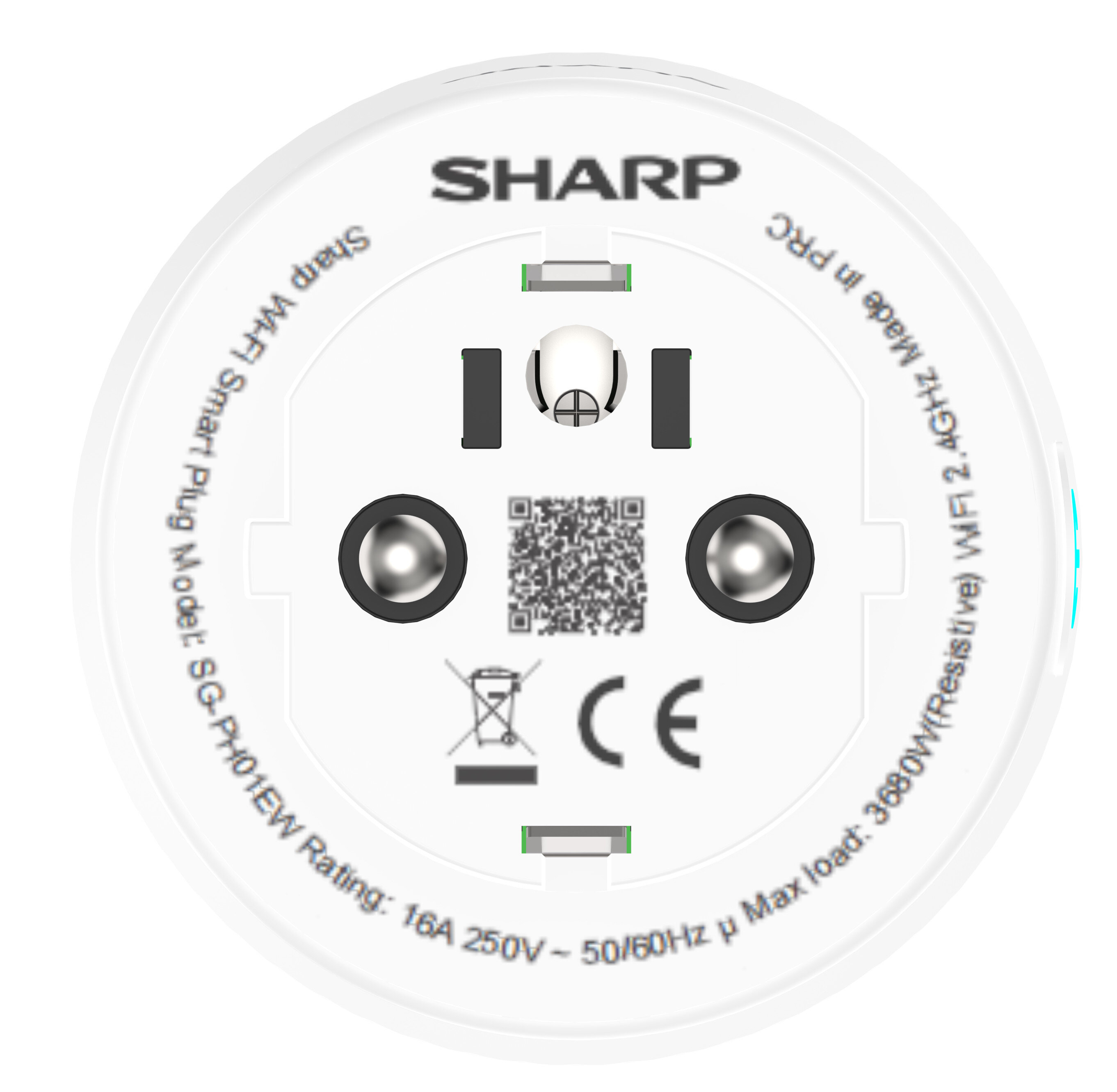 Biała inteligentna wtyczka, czarne bolce, branding Sharp, tekst Made in PRC.