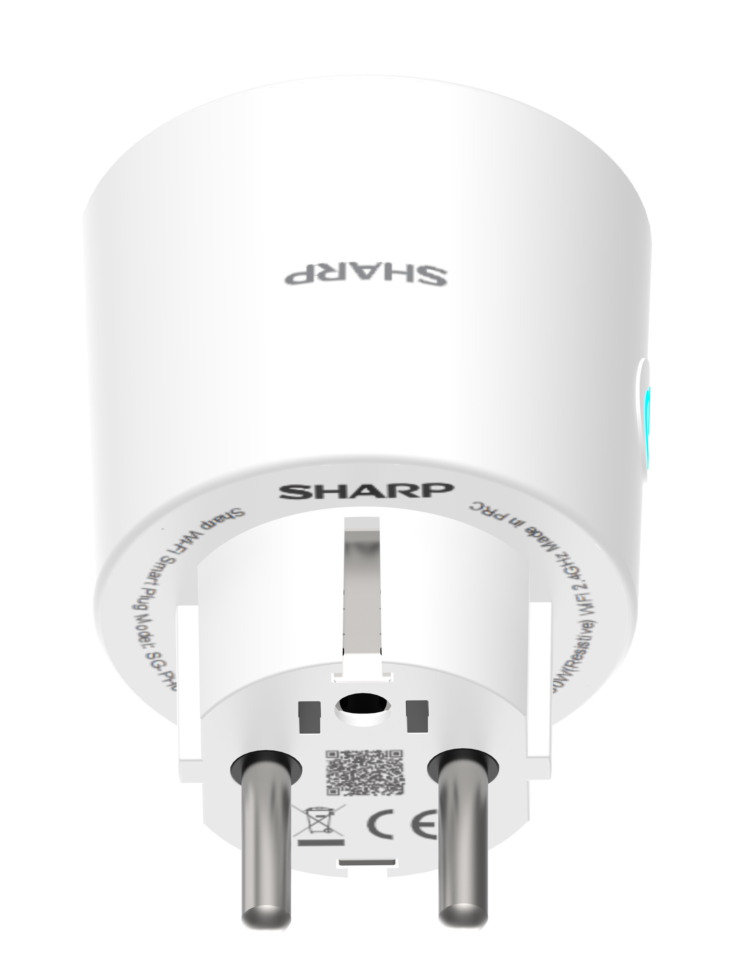Biała wtyczka smart z logo Sharp. Widoczne metalowe bolce i kod QR. Białe tło.