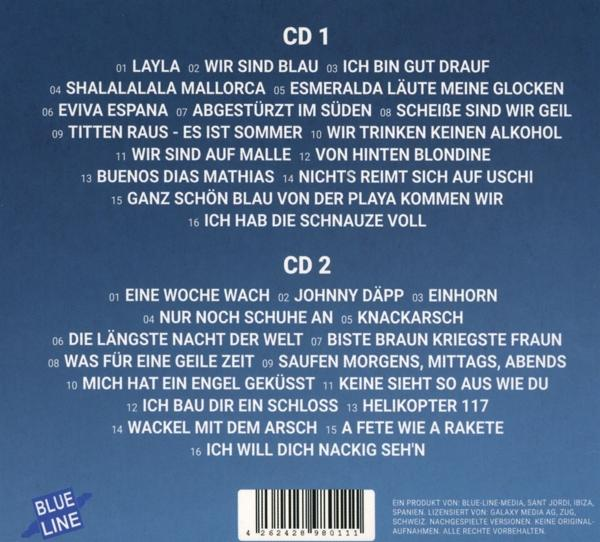 Rückseite einer CD mit Songtiteln und Text auf Deutsch, sowie blauem 'BLUE LINE' Logo.