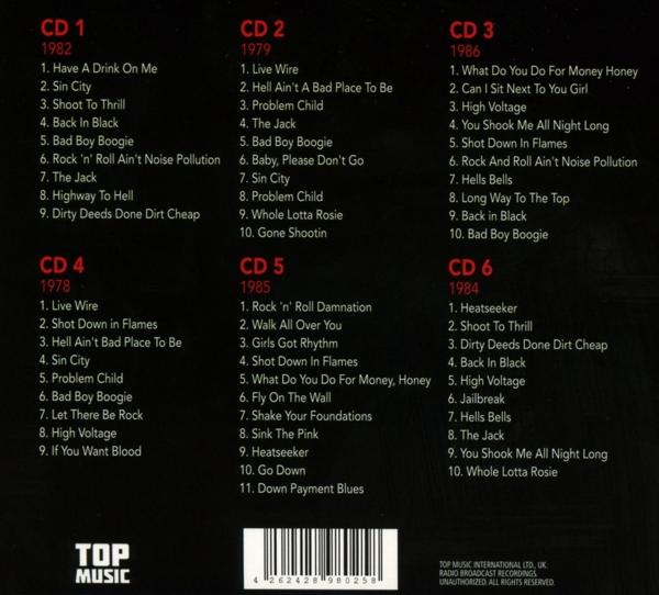 Titelliste eines AC/DC-Albums. Schwarzer Hintergrund mit weißem Text.