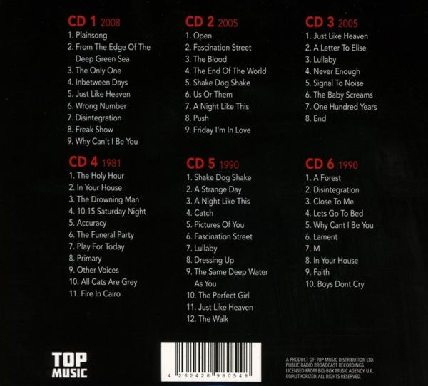 Rückseite einer CD mit Titellisten von 6 Alben. Die Musik stammt von Top Music.