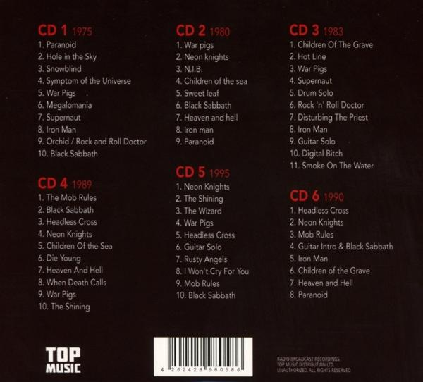 Sechs CD-Cover mit Musiktitellisten und Logos auf schwarzem Hintergrund.
