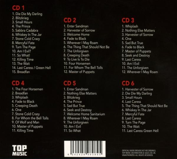 Album-Titelliste von Metallicas Musik, aufgeteilt in sechs CDs, mit Songtiteln.