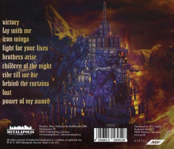 Rückseite einer CD-Hülle mit Songtiteln und Text. Lila und blauer Hintergrund.