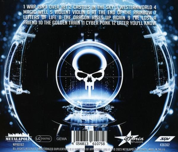 Albumcover mit blau-weißem Totenkopf in einer Kugel, mit Songtiteln. Dunkler Hintergrund.