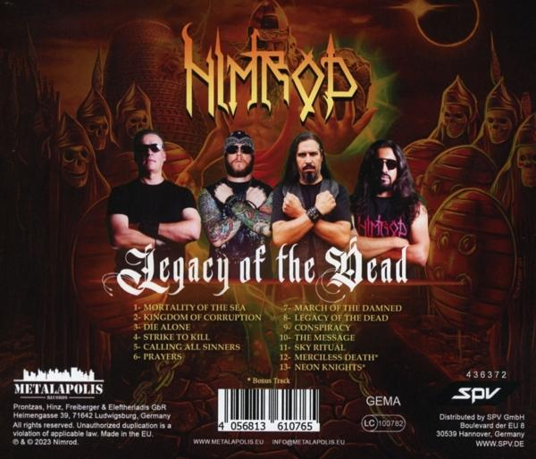 Das Albumcover von 'Legacy of the Dead' von Nimrod, mit vier Bandmitgliedern.