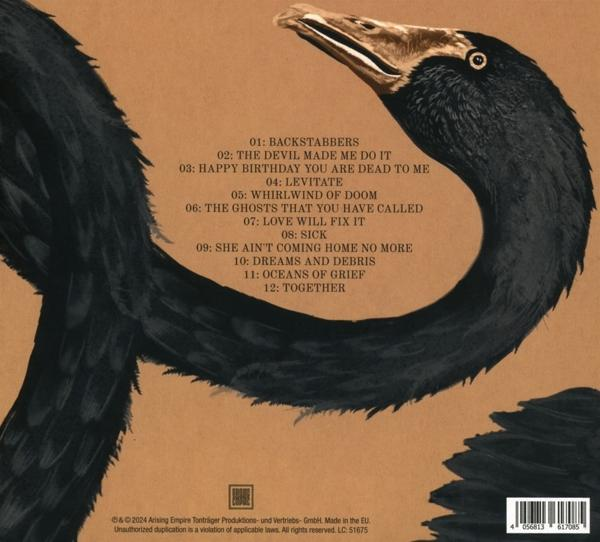 Albumcover: ein Vogel mit langem Hals und Text über die Songs auf braunem Hintergrund.