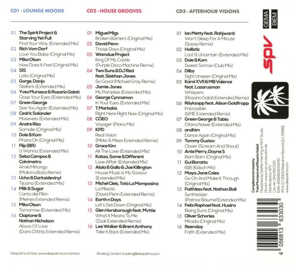 CD-Cover mit Titellisten für drei CDs: Lounge Moods, House Grooves und Afterhour Visions.