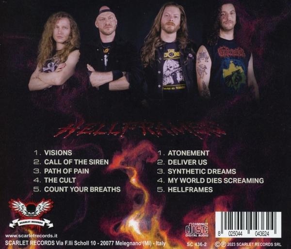 Albumcover mit einer posierenden Band. Text enthält Bandnamen und Titelliste vor einem Feuer.