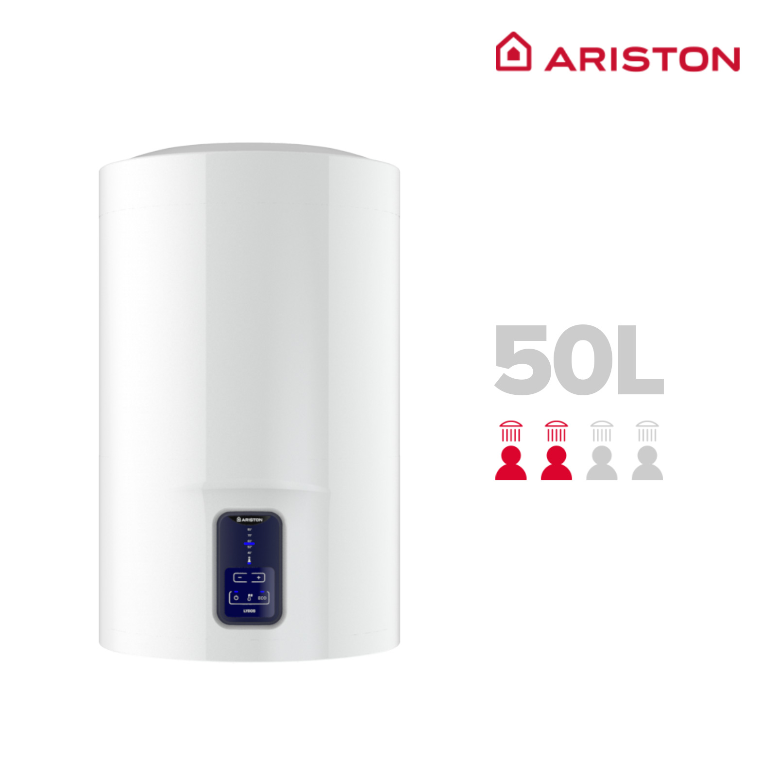Calentador de agua blanco con logo Ariston y texto 50L.