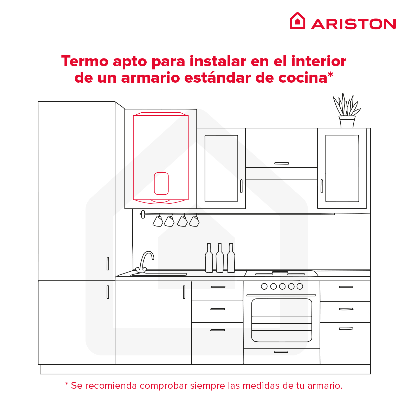 Dibujo lineal de una cocina con un calentador de agua rojo dentro de un armario, y texto en español.