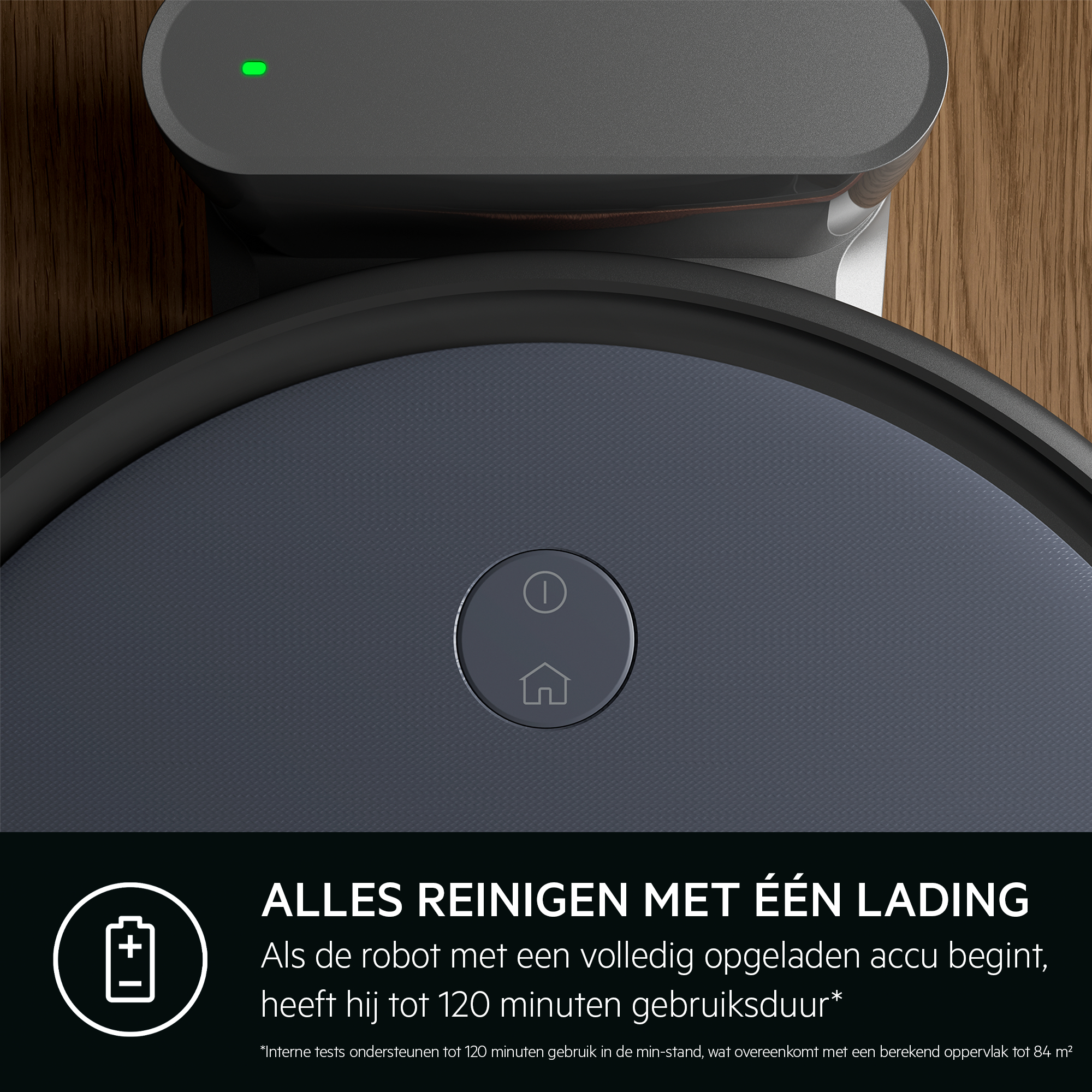 Robotstofzuiger op oplaadstation, tekst: alles reinigen met één lading.