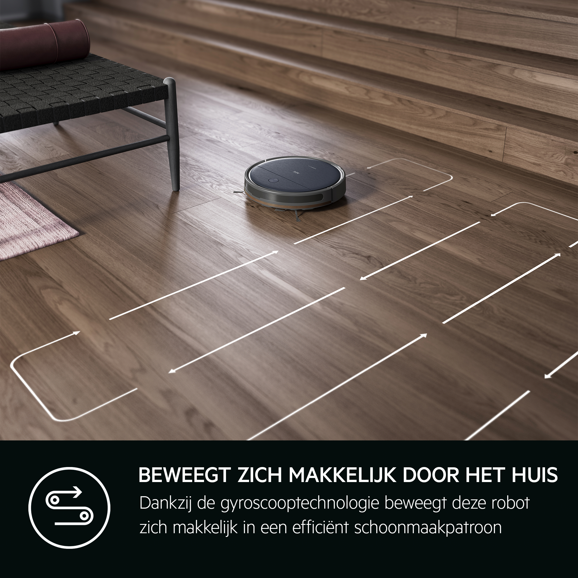 Een robotstofzuiger die een houten vloer schoonmaakt, met pijlen die de route aangeven.