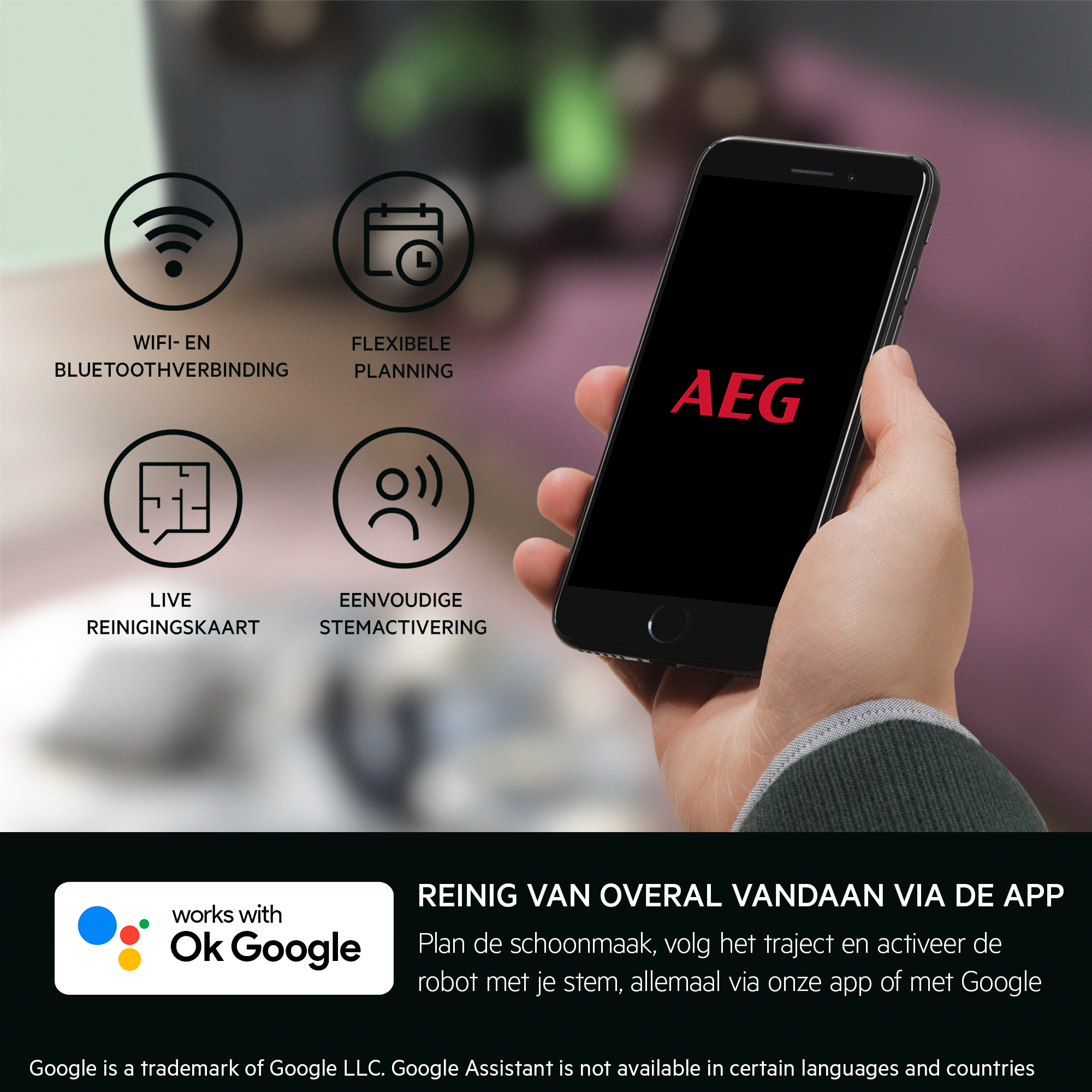 Hand die een zwarte telefoon met AEG-logo vasthoudt. Pictogrammen en tekst over functies op de achtergrond.