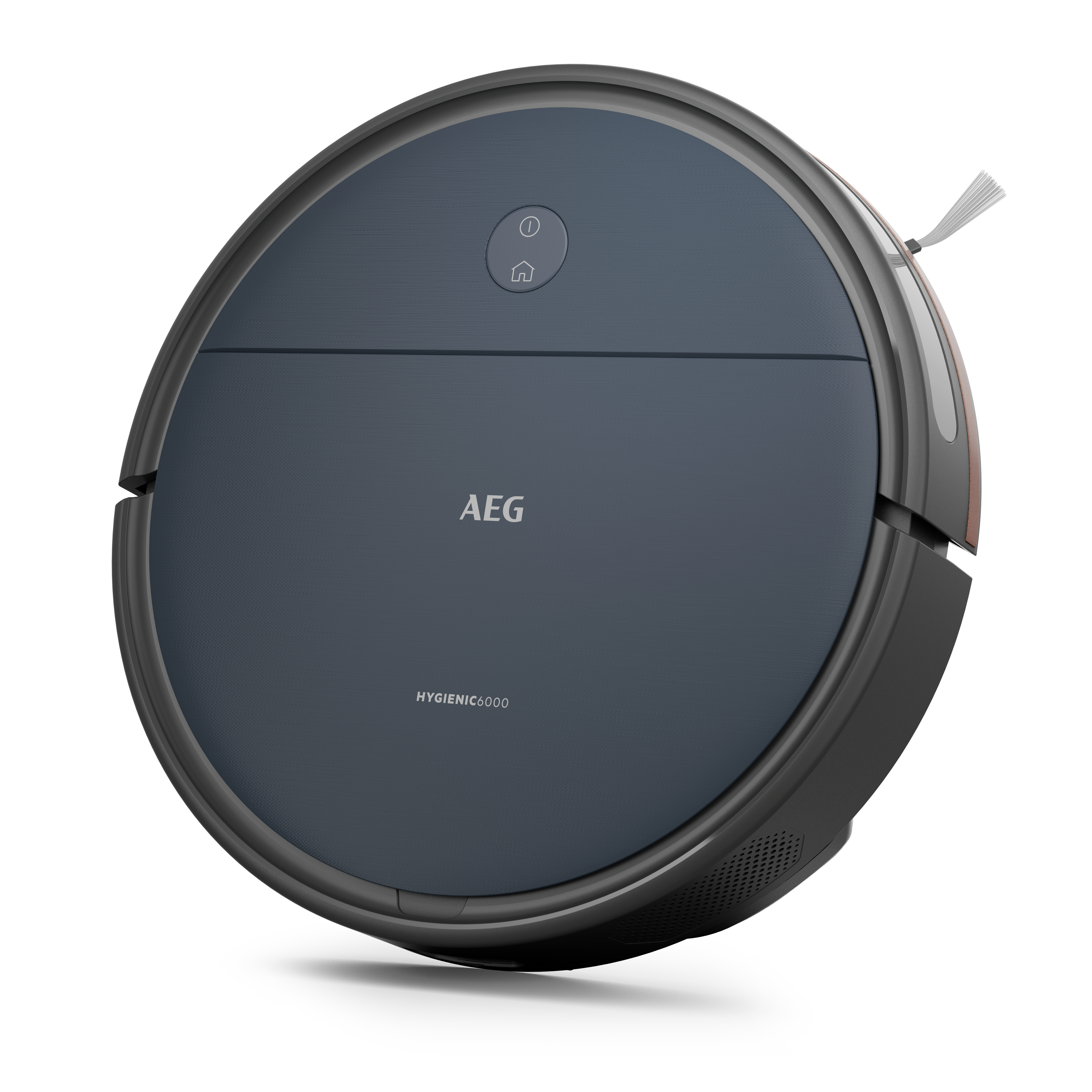 Een donkerblauwe AEG robotstofzuiger. Hij is rond met aan/uit- en homeknoppen en een zijborstel.