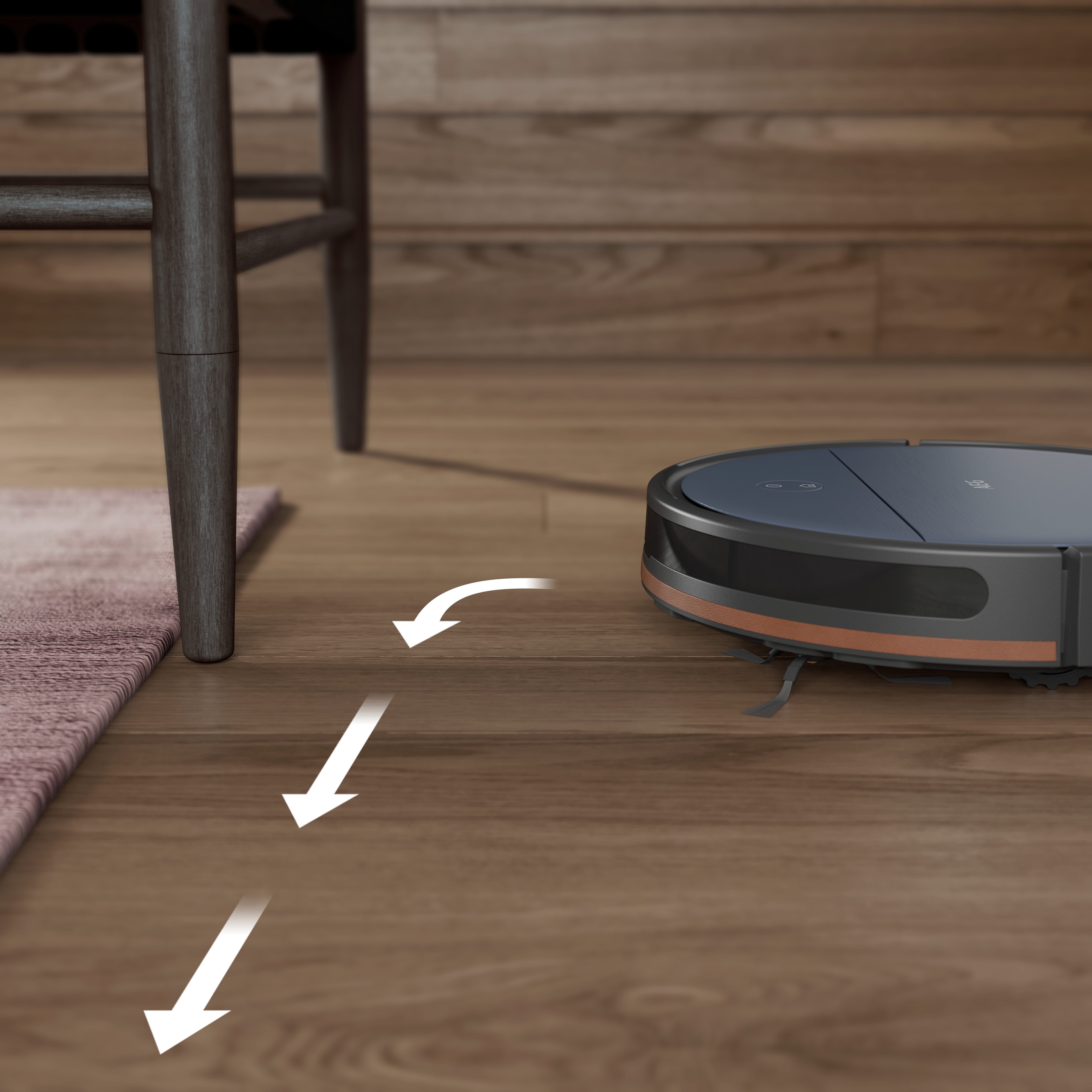 Een robotstofzuiger op een houten vloer. Pijlen tonen het schoonmaakpad in de buurt van een stoel.
